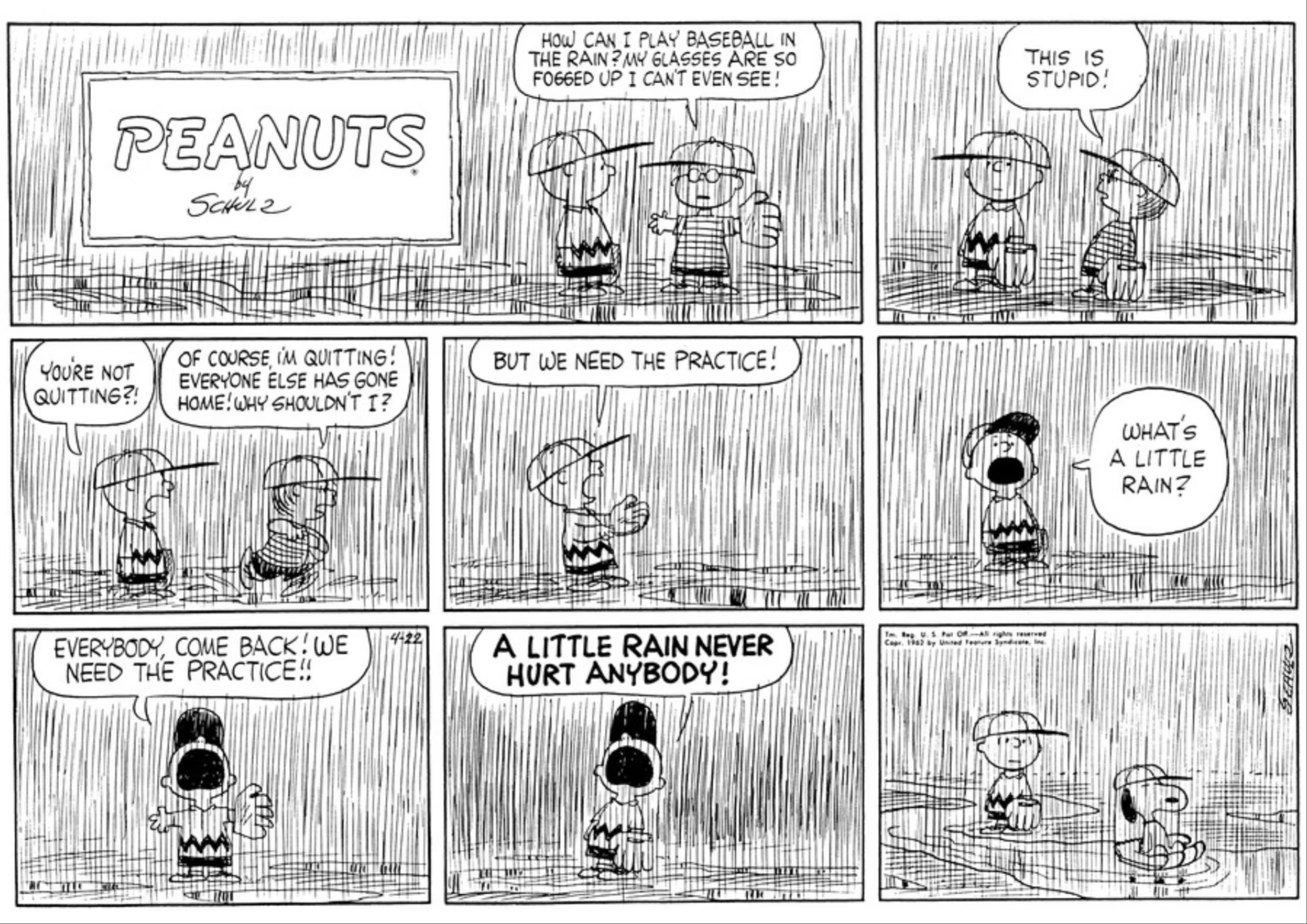 Peanuts gang playing baseball in the rain.