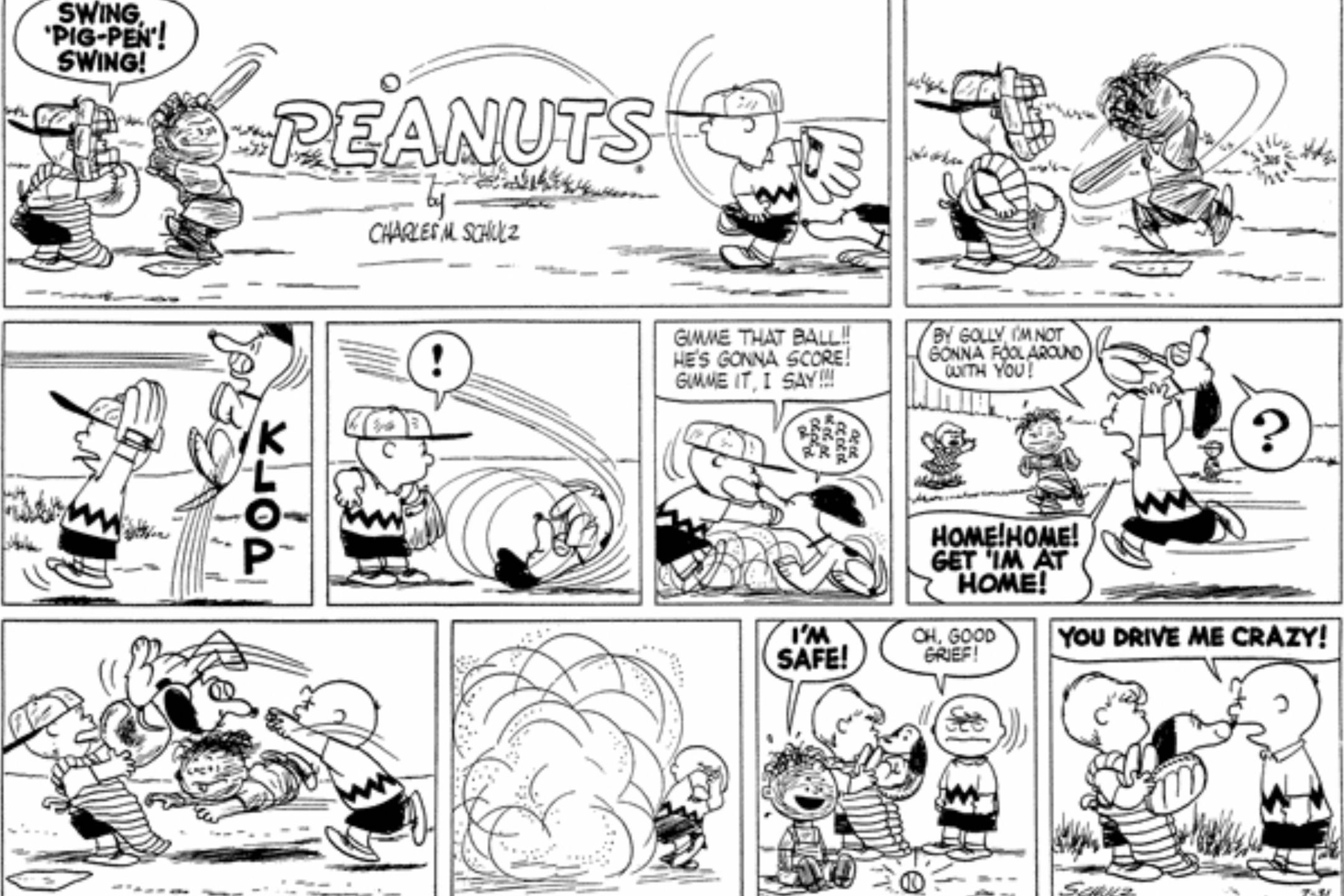 Charlie yelling at Snoopy while playing baseball In Peanuts