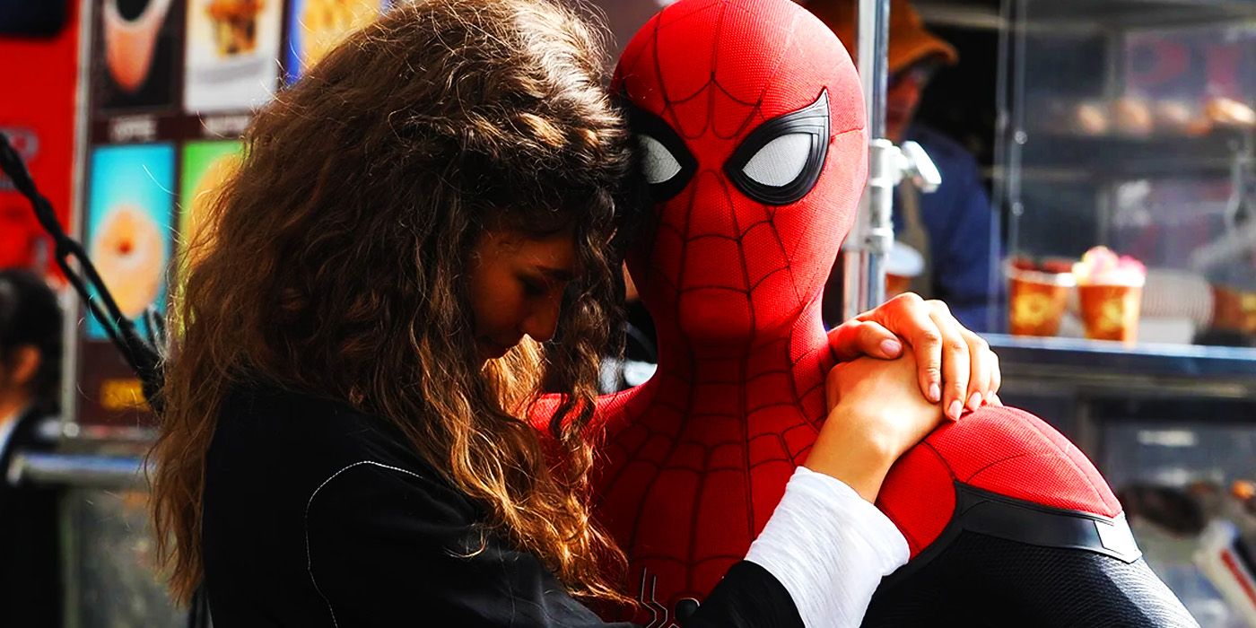 MJ and Spider-Man hugging in Spider-Man Far From Home