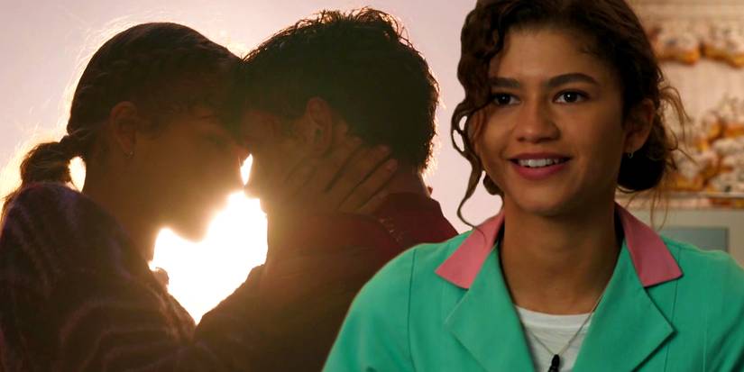MJ (Zendaya) and Peter Parker (Tom Holland) touching foreheads at the end of Spiderman No Way Home, MJ (Zendaya) working at the diner in Spiderman No Way Home
