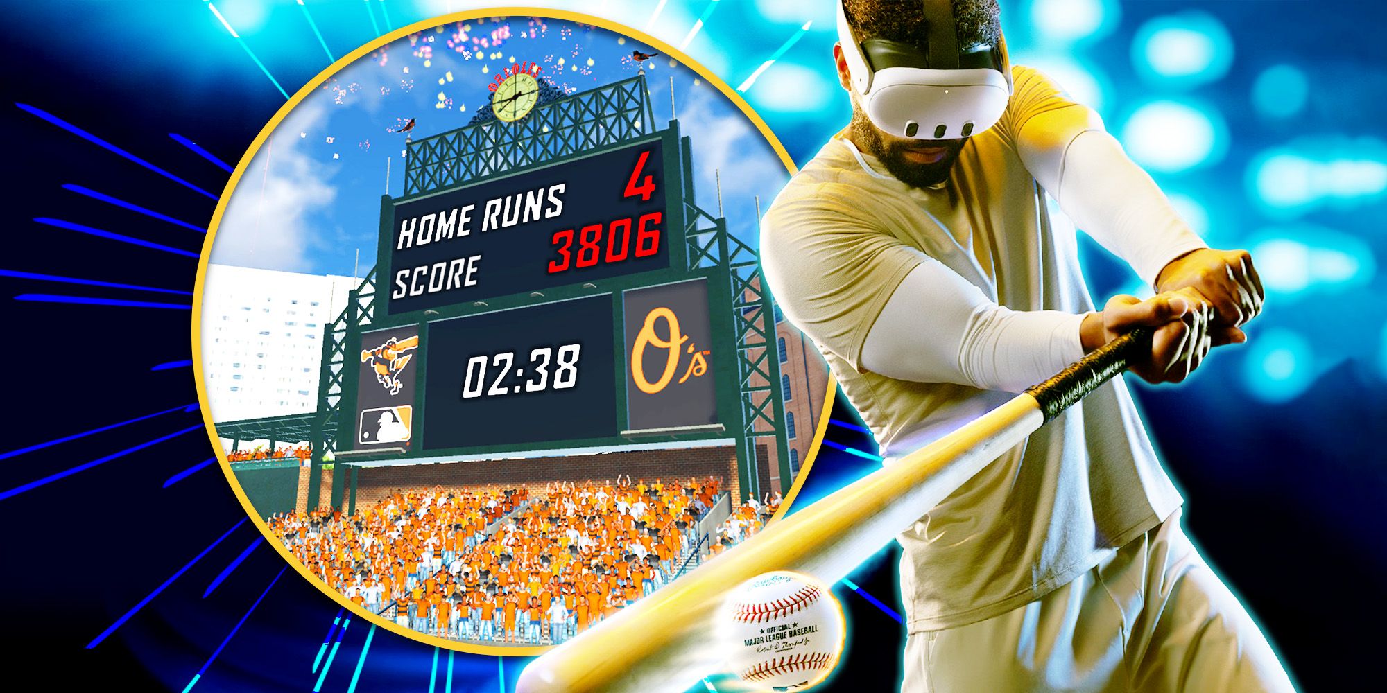 MLB HRD VR Header showing a man in a Meta Quest headset hitting a ball on the right, a scoreboard at Camden Yards counting home runs on the left.