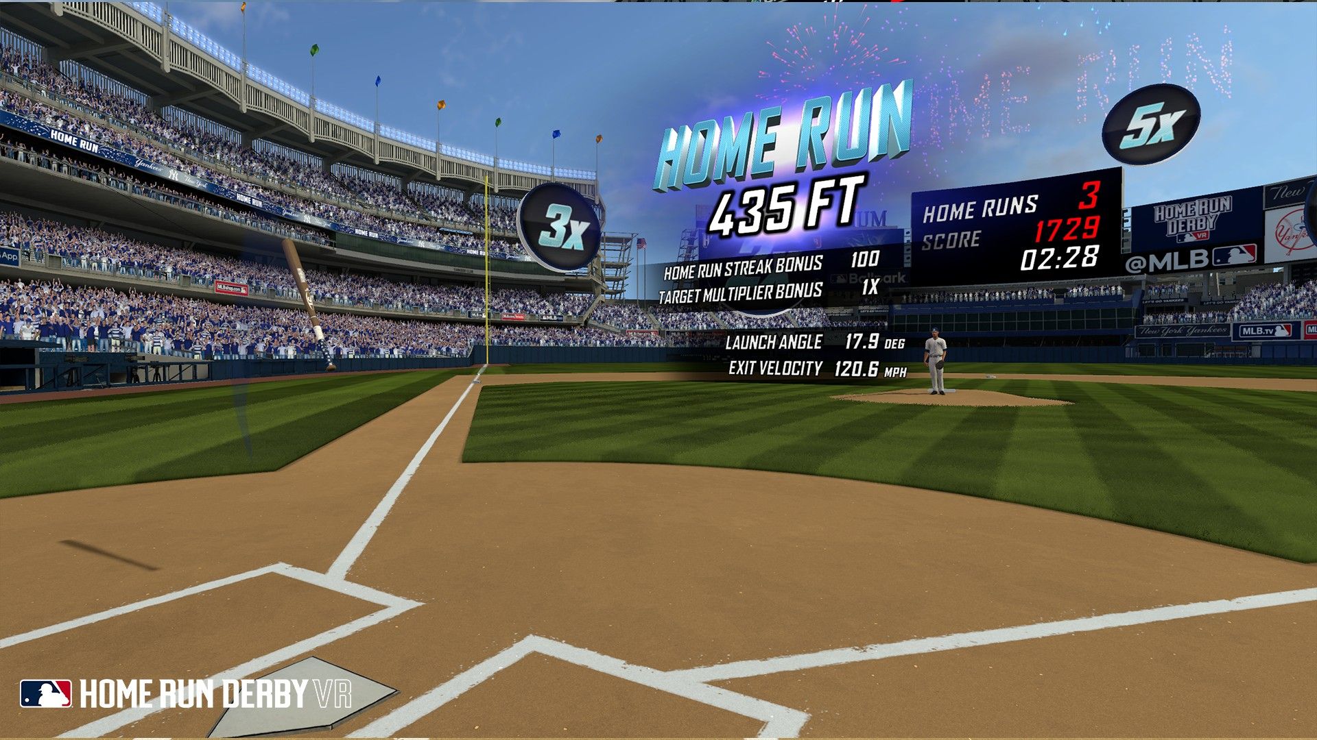 MLB HRD VR Home Run Stats sendo exibidas após uma rebatida, mostrando quantos pés foi atingido e voou, velocidade e ângulo, bem como multiplicadores anteriores sendo aplicados.