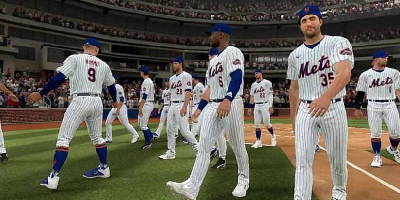 MLB The Show 24 Mets players walking onto the field