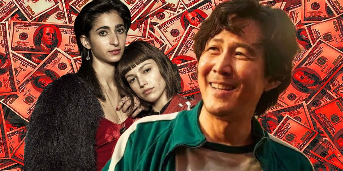 Nairobi (Alba Flores) and Tokyo (Ursula Corbero) from Money Heist next to Gi-Hun (Lee Jung-jae) from Squid Game against a background of red-tinted money