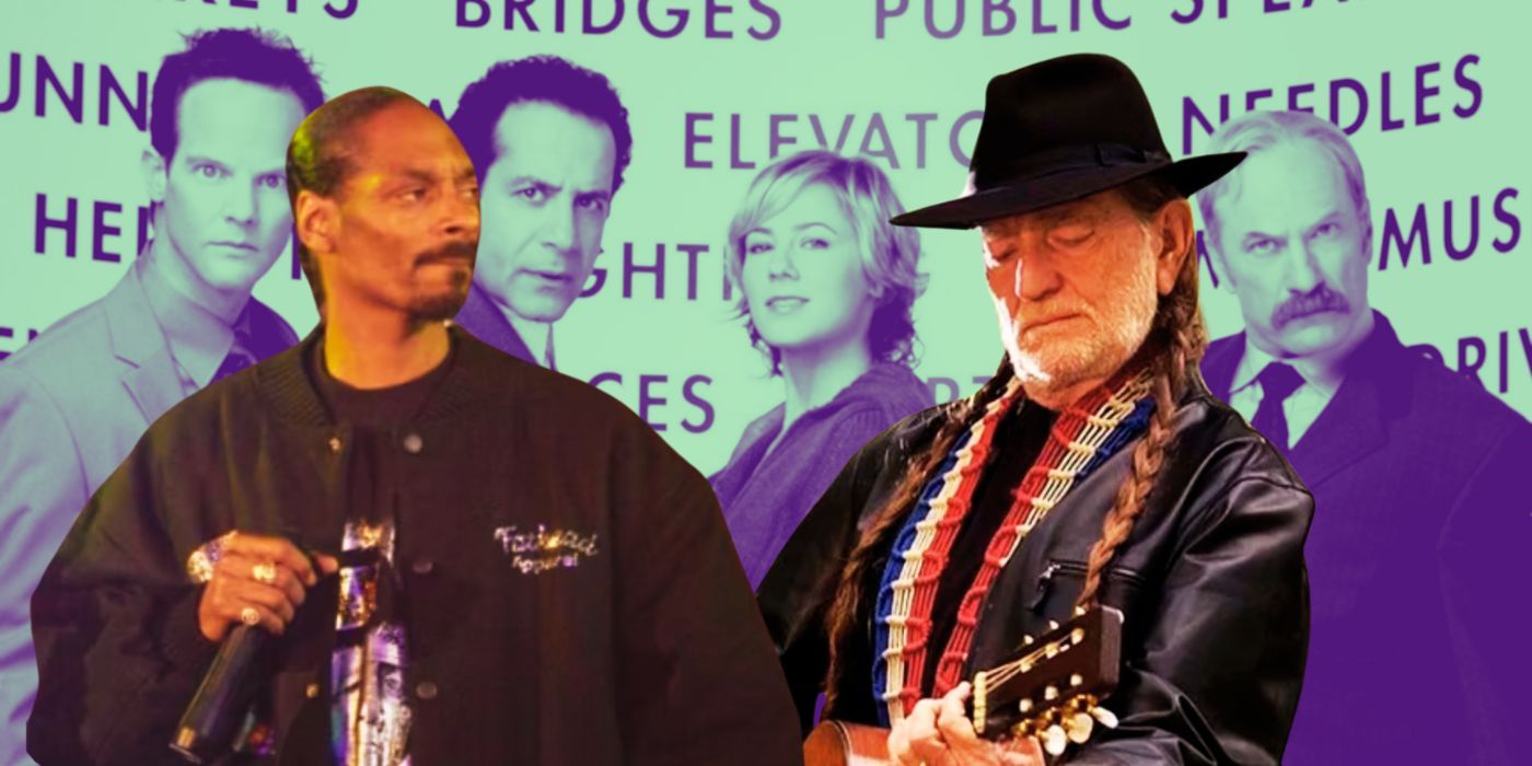 A custom image features the cast of Monk in the background in a mint green shade with guest stars Snoop Dog and Willie Nelson in the foreground