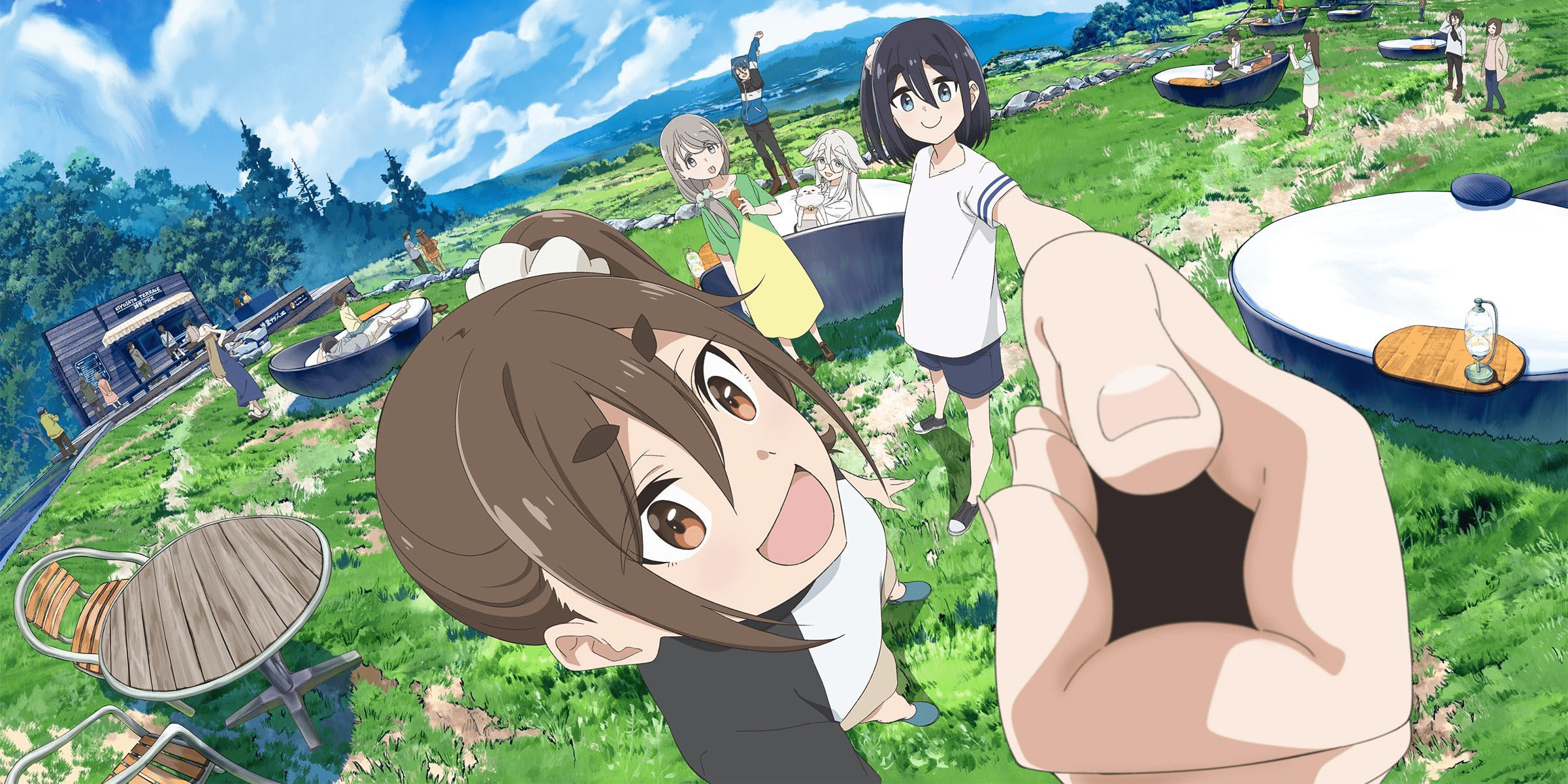 The cast of Mono pose for a fish-eye shot, as they stand in a mountain campsite, from front to back: An, Satsuki (holding an invisible camera), Sakurako, Haruno, and Kako in the distance.