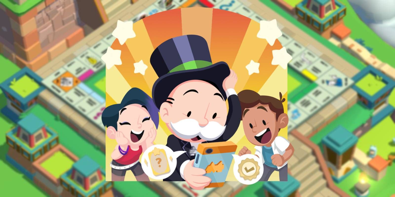 Monopoly GO keyart on top of board background with mr monopoly earning prizes and rewards on their phone