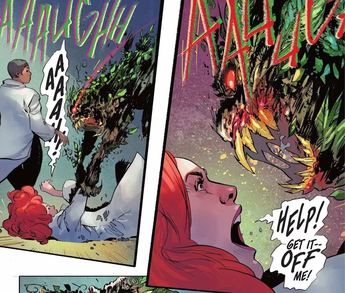 Comic book panels: a plant monster attacks Poison Ivy.
