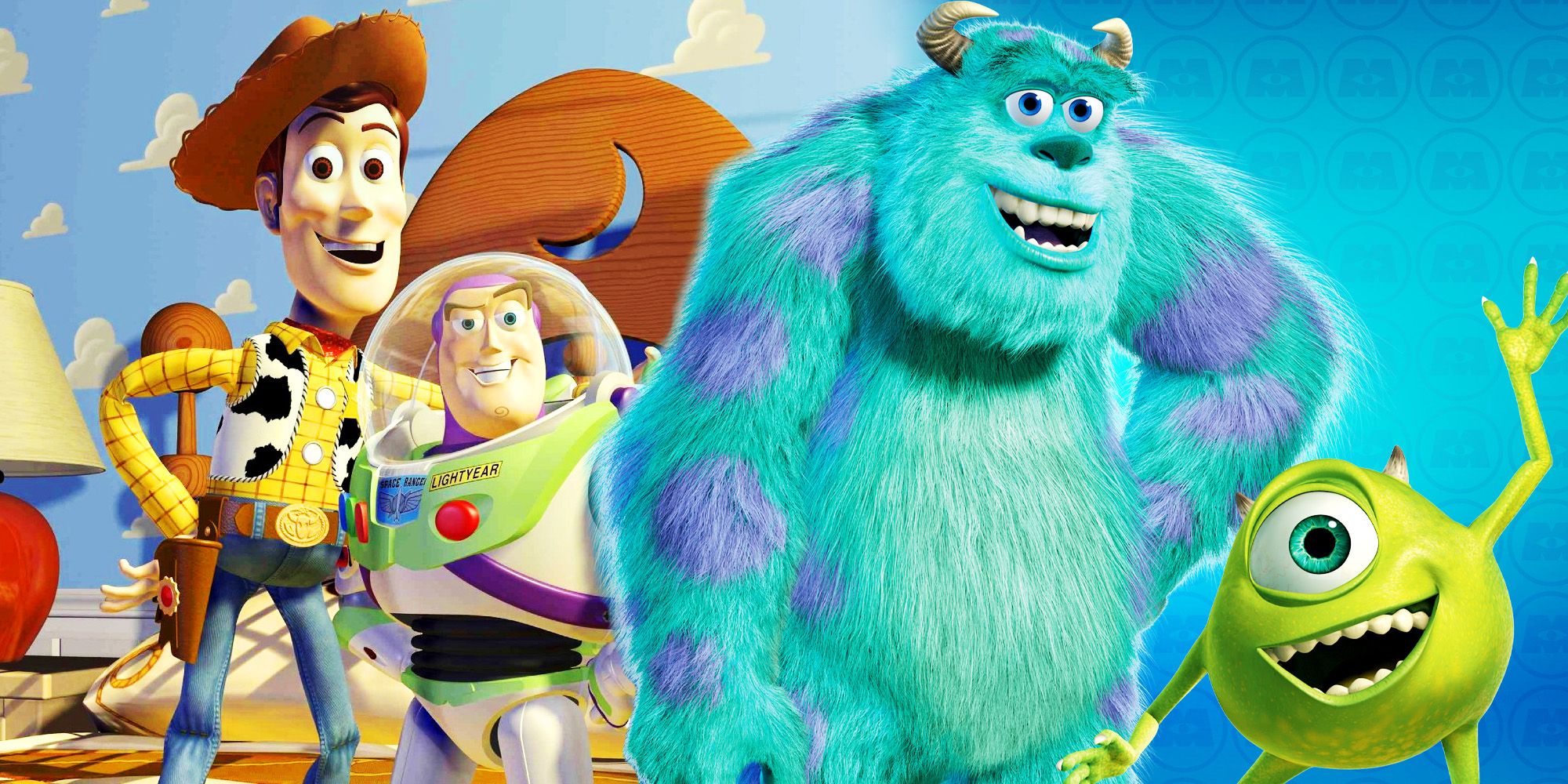 A custom image of Woody and Buzz Lightyear from Toy Story next to Sulley and Mike from Monsters, Inc.