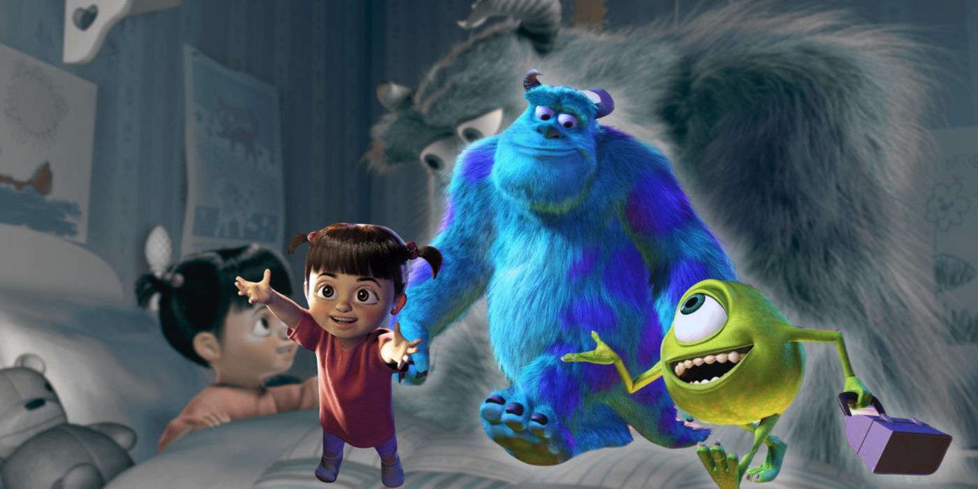 A composite image features Monsters Inc characters Boo, Sully, and Mike over a faded image of Sully tucking Book into bed