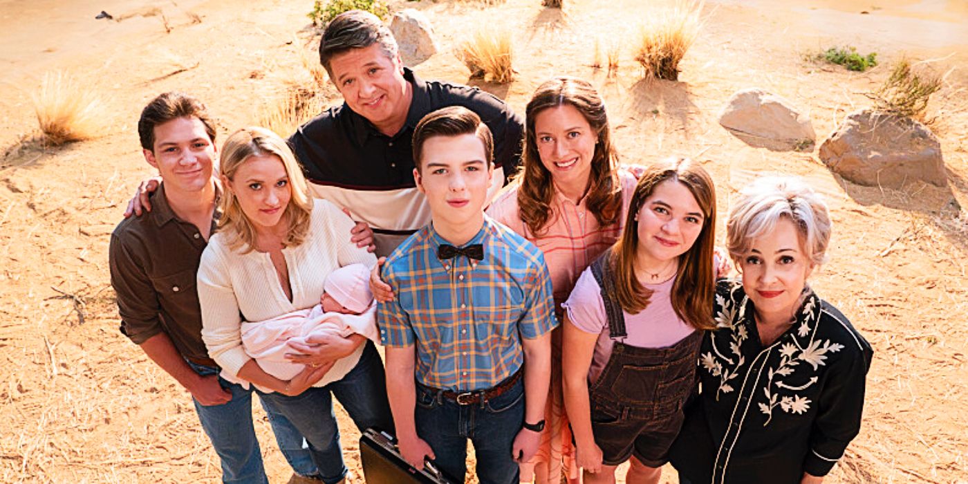 Montana Jordan as Georgie Cooper, Emily Osment as Mandy McAllister, Lance Barber as George Sr., Iain Armitage as Sheldon Cooper, Raegan Revord as Missy Cooper, Zoe Perry as Mary Cooper, and Annie Potts as Connie 'Meemaw' Tucker in Young Sheldon