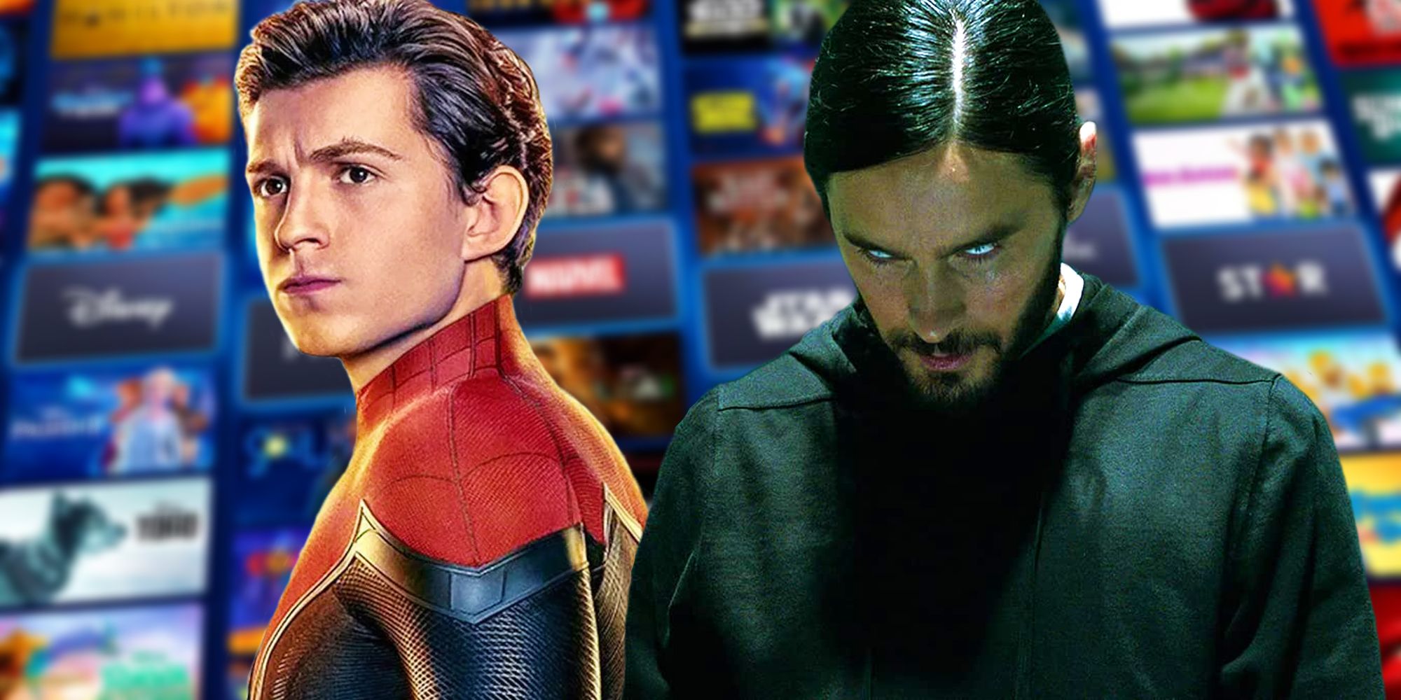 Jared Leto as Morbius and Tom Holland as Spider-Man above a blurred image of Disney+'s library
