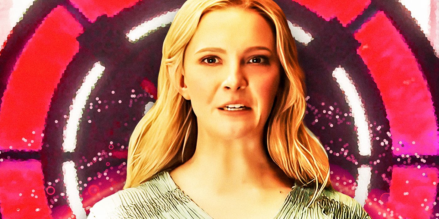 Morfydd Clark as Galadriel in The Rings of Power against a pink and white background