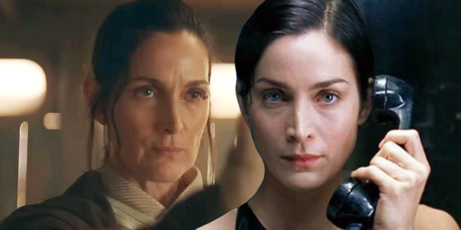 Carrie-Anne Moss as Jedi Master Indara in the trailer for Star Wars: The Acolyte next to her as Trinity in The Matrix