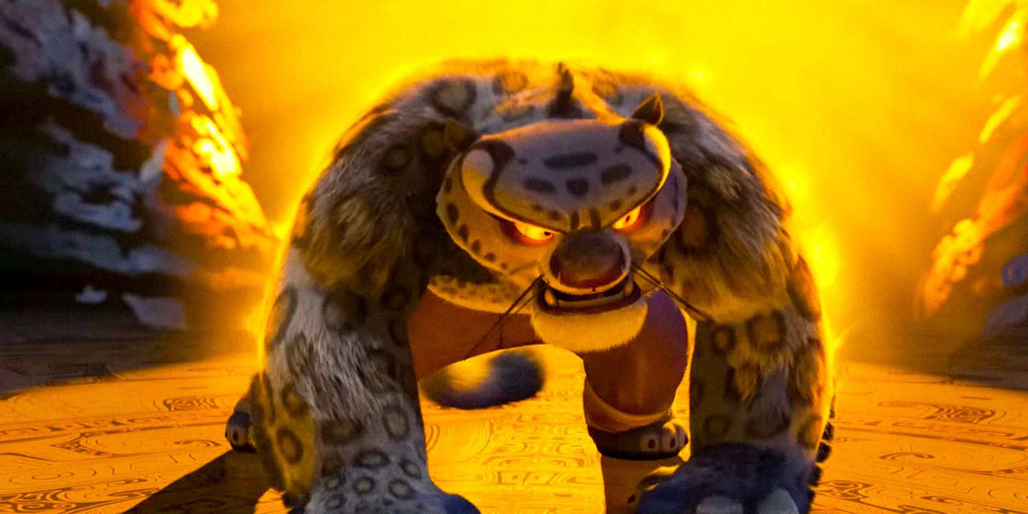 Tai Lung parecendo olhos furiosos brilhando em Kung Fu Panda 4