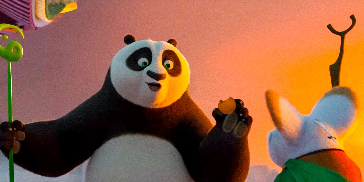 Po showing a cookie to Shifu in Kung Fu Panda 4