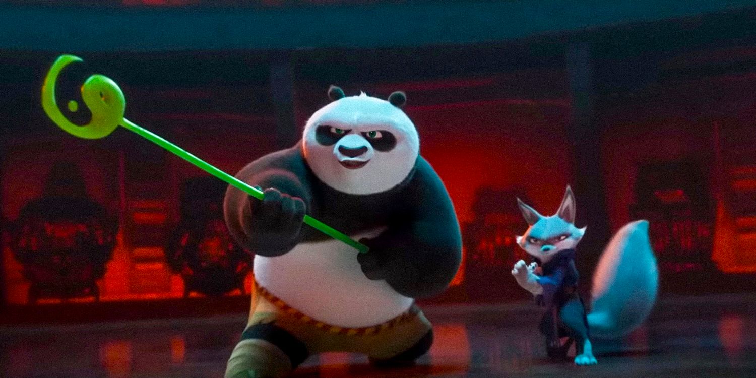 Po and Zhen posing in front of the chameleon in Kung Fu Panda 4