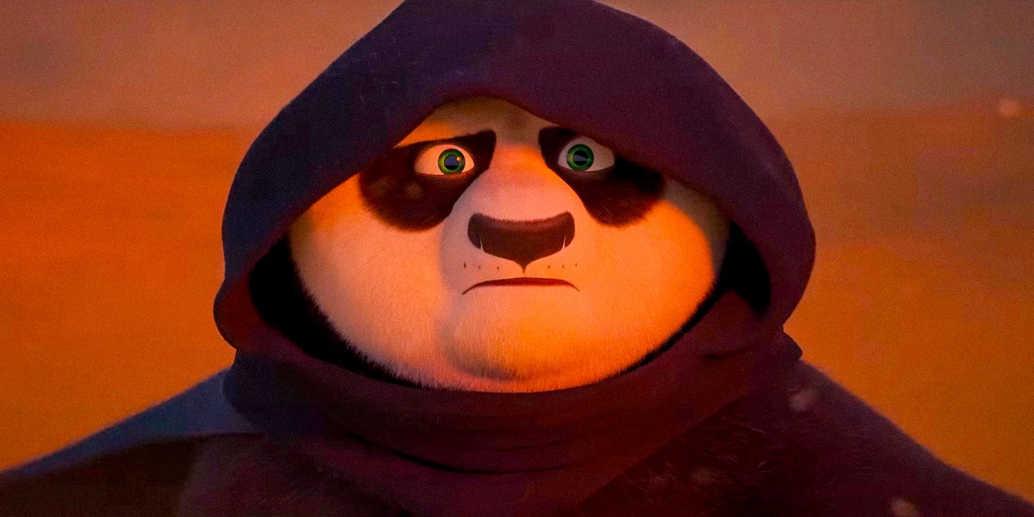 Close de Po no deserto em Kung Fu Panda 4