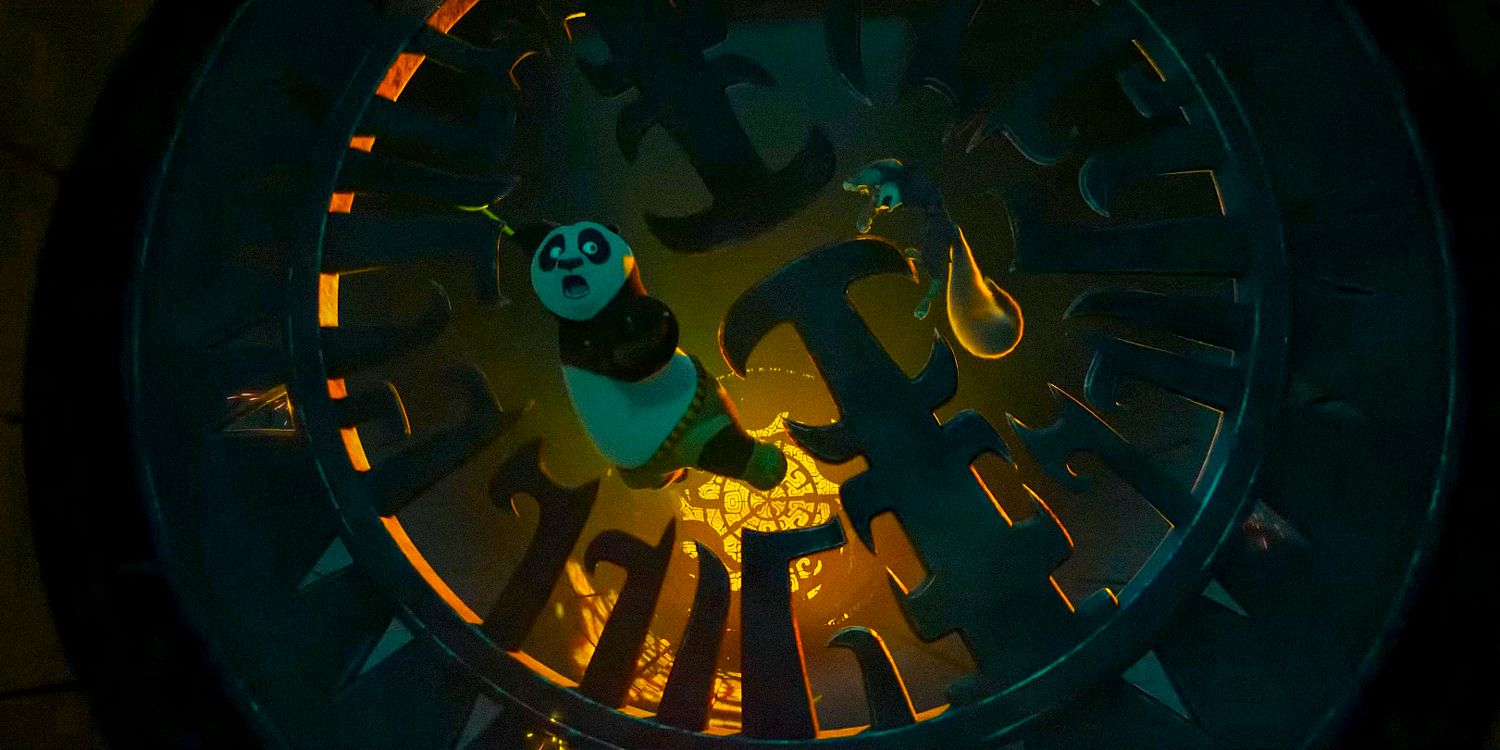 Po and Zhen falling through a trap in Kung Fu Panda 4