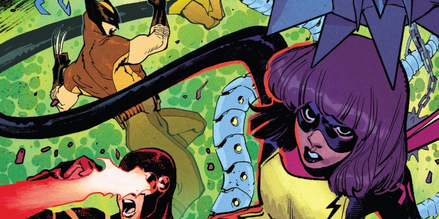 Ms. Marvel fighting with Wolverine and Cyclops.