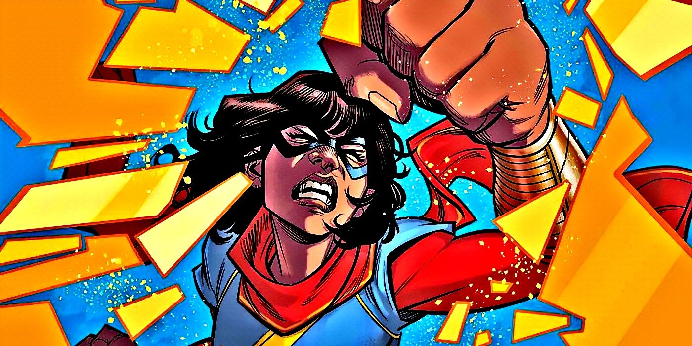 Ms. Marvel grimacing in pain as she's punching through shattered glass.