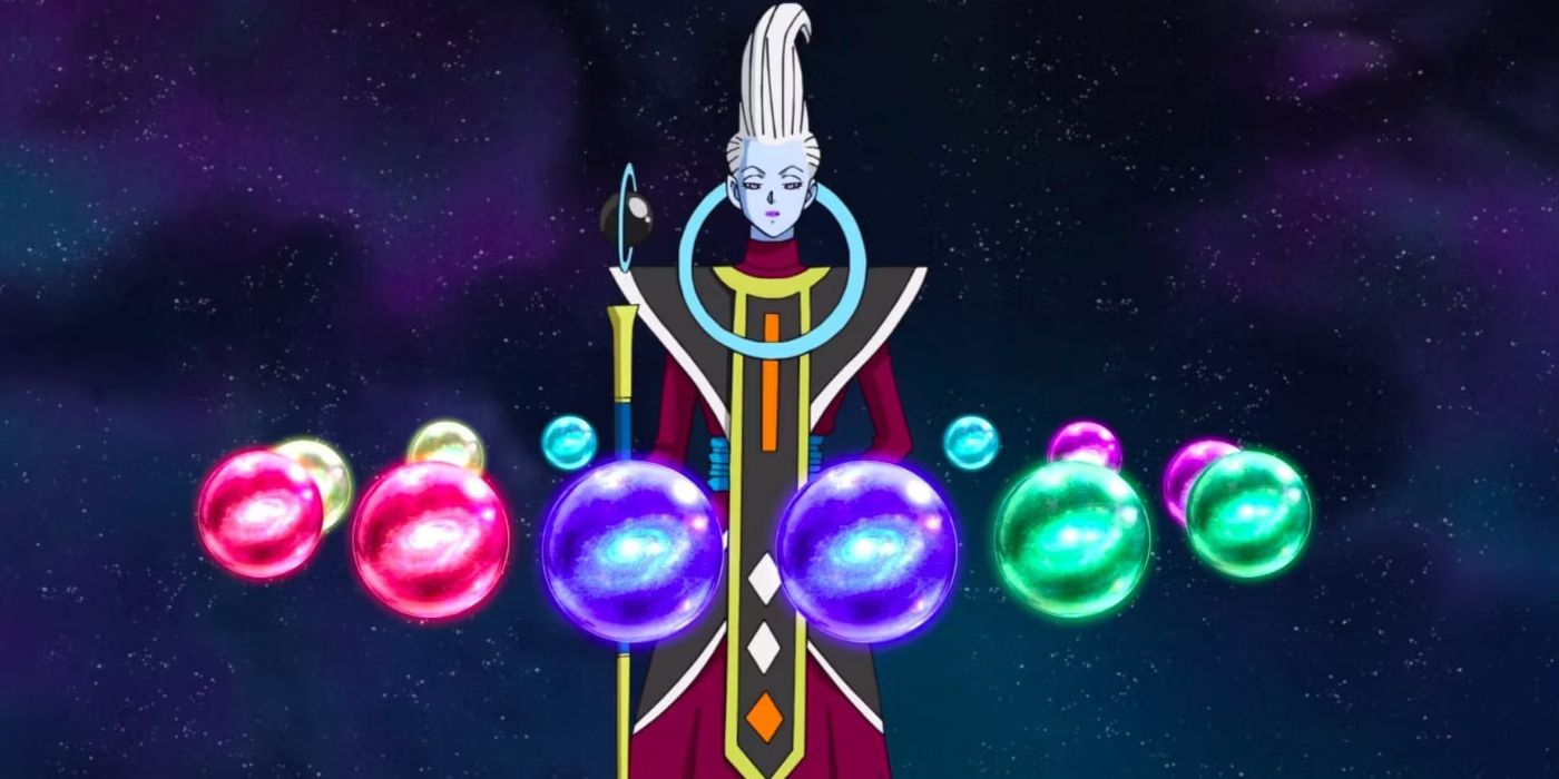 Image shows Whis from Dragon Ball Super anime with representations of the 12 universes circling around him.