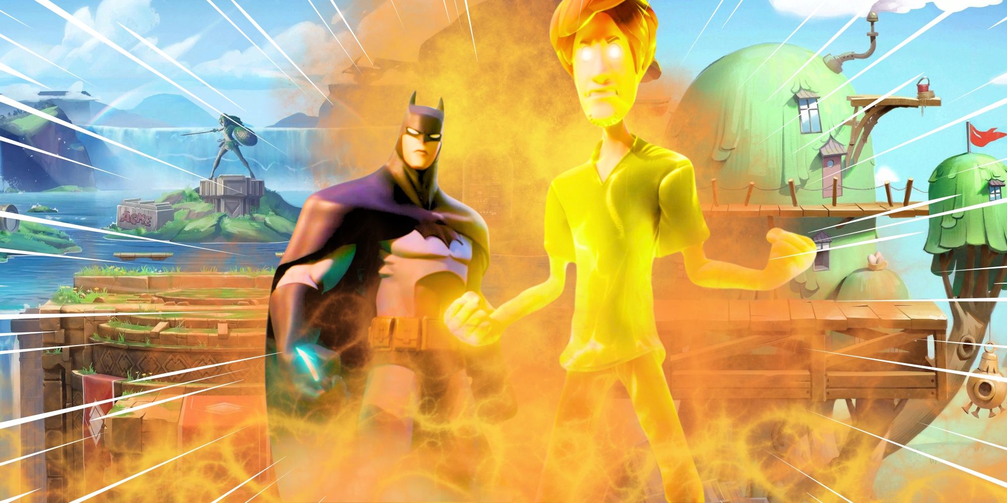 Batman and Shaggy from MultiVersus with a fiery background.