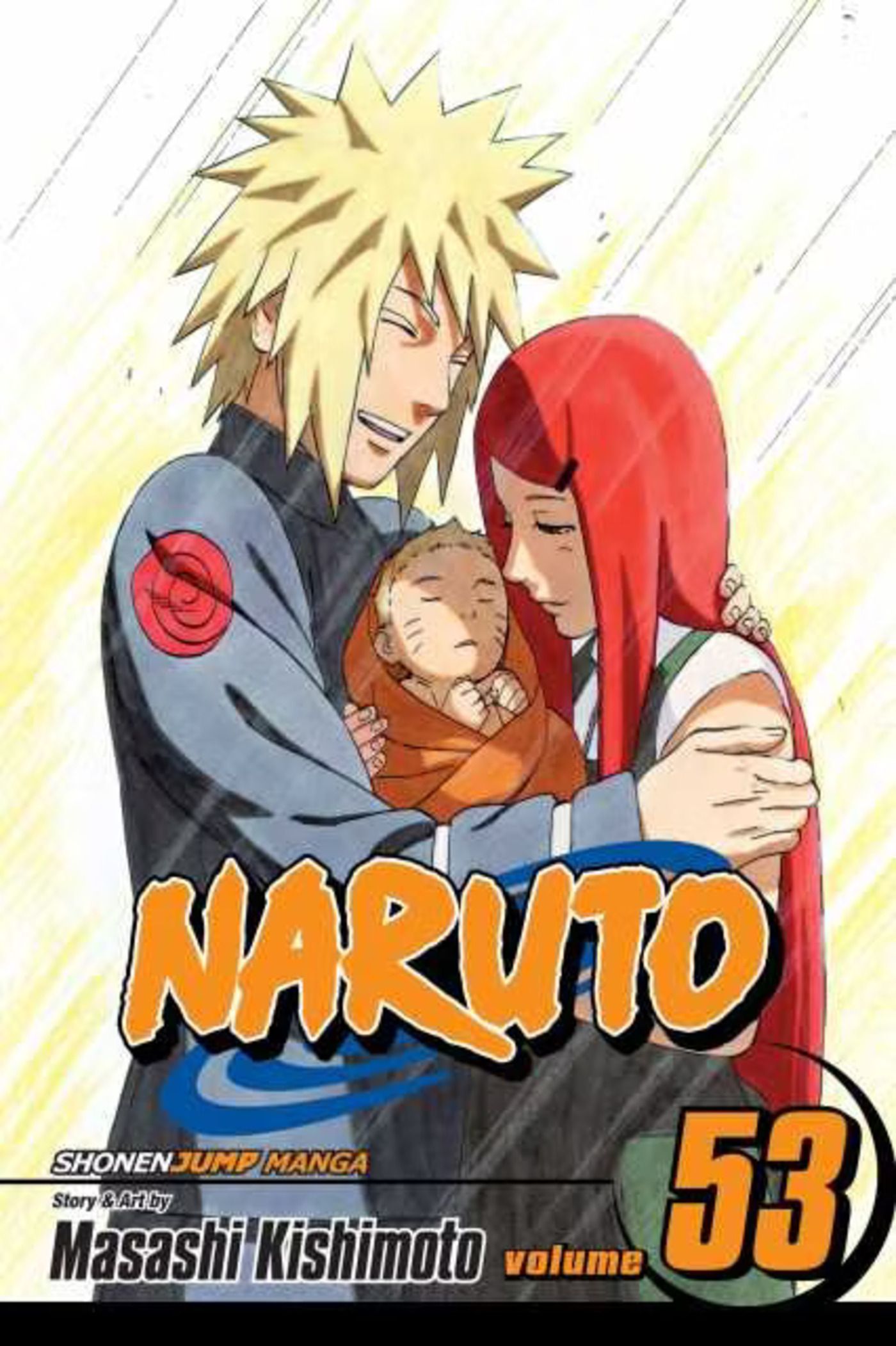 Naruto Volume 53 cobre Minato e Kushina com o recém-nascido Naruto