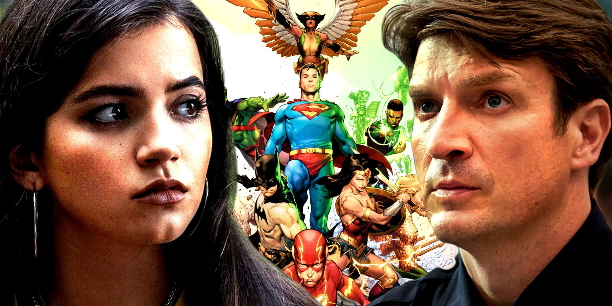 Nathan Fillion and Isabela Merced with DC's Justice League Team