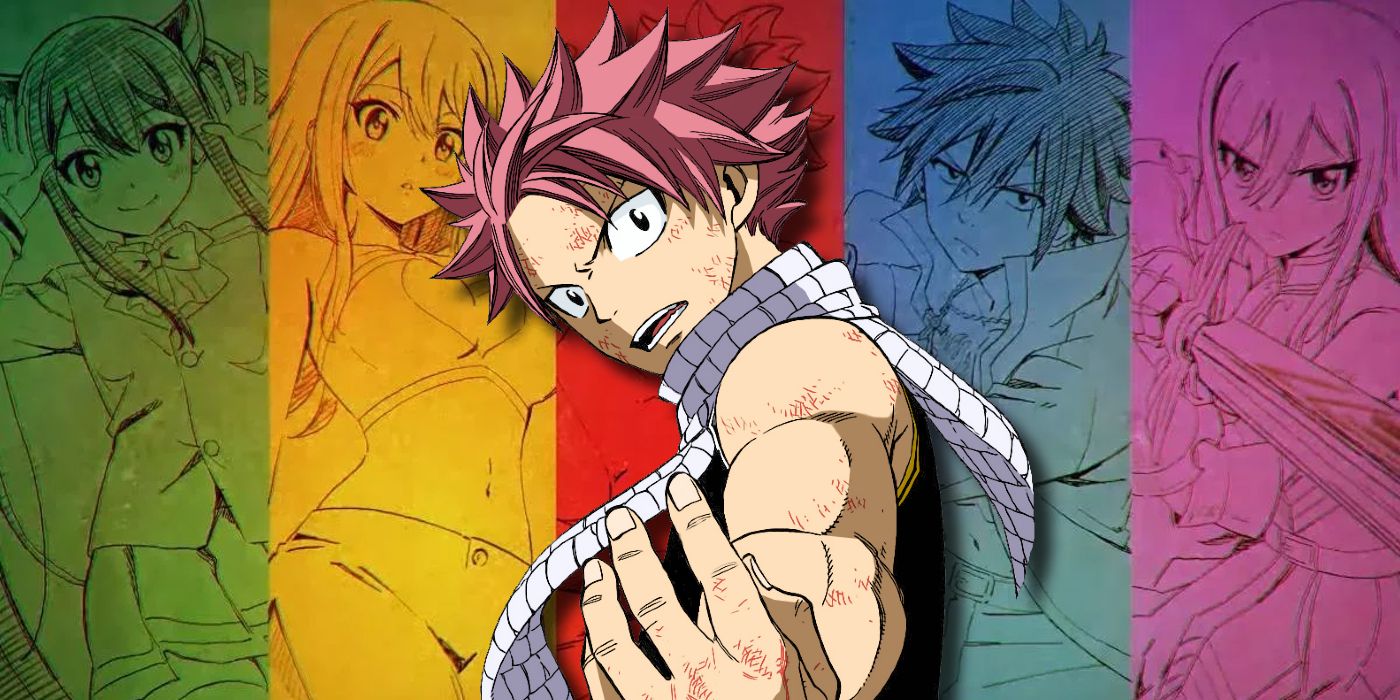Natsu from fairytail reaching out with sketches of the main cast of the series behind him
