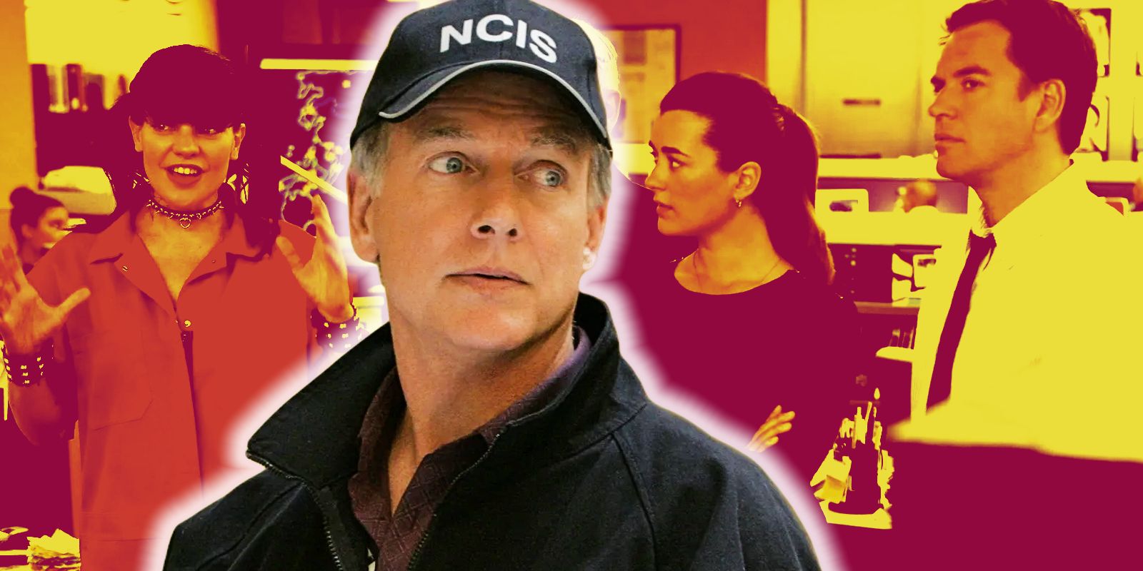 This custom image shows Ziva, Abby, and DiNozzo from NCIS with a yellow and pink overlay with Gibbs in the front.