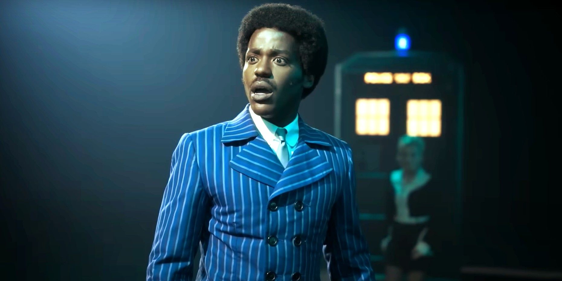 Ncuti Gatwa in his blue 60s costume looking shocked in Doctor Who season 14 trailer