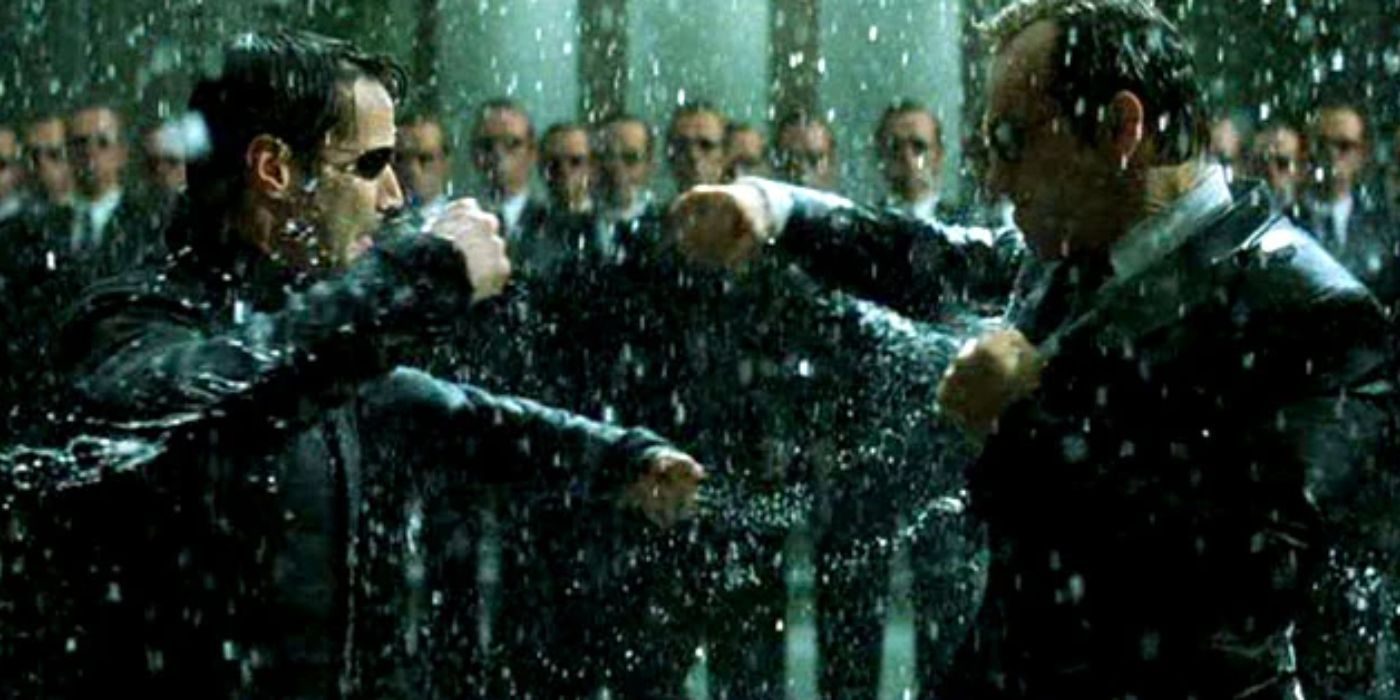 Neo and Agent Smith fight in Matrix Revolutions