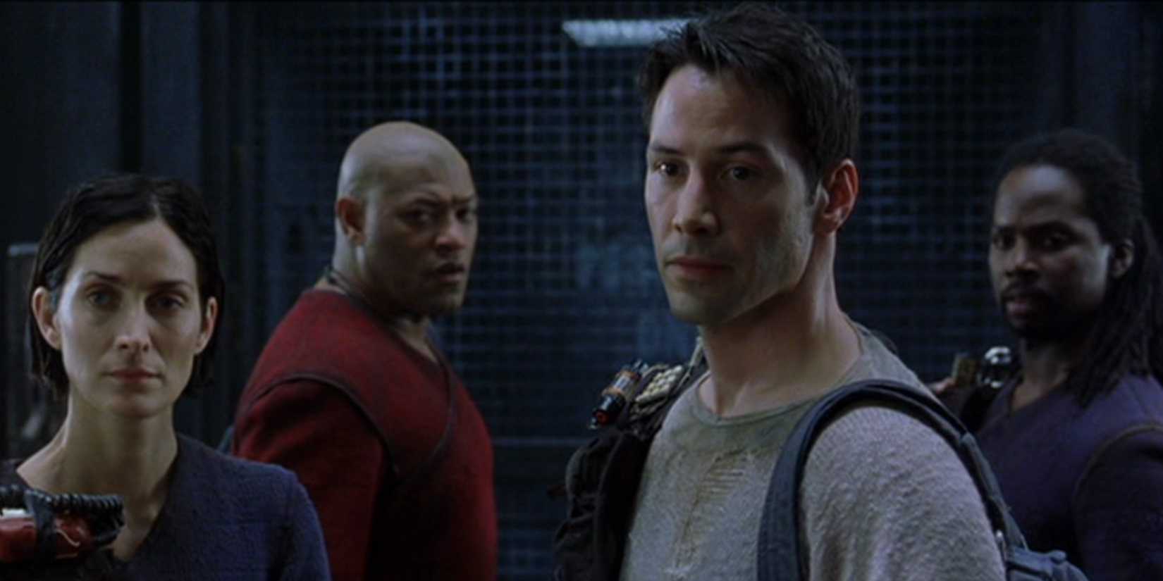 Neo, Morpheus, Trinity, and Link on the Nebuchadnezzar in The Matrix Reloaded