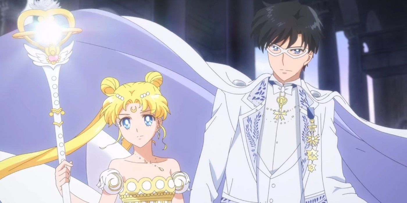 A Neo-Queen Serenity segura a Tiare Eterna, ao lado do Rei Endymion