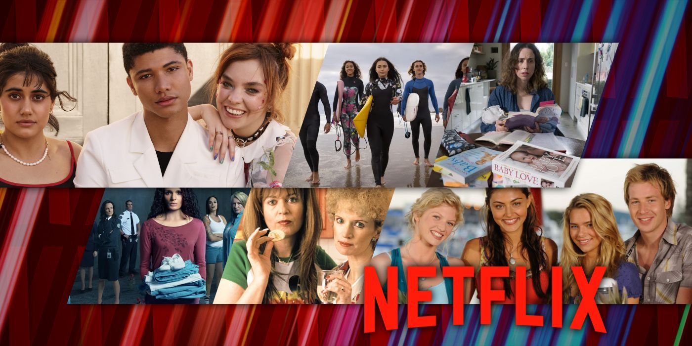 A composite image features characters from Australian series Heartbreak High, Surviving Summer, The Letdown, Wentworth, Kath and Kim, and H2O: Just Add Water on Netflix