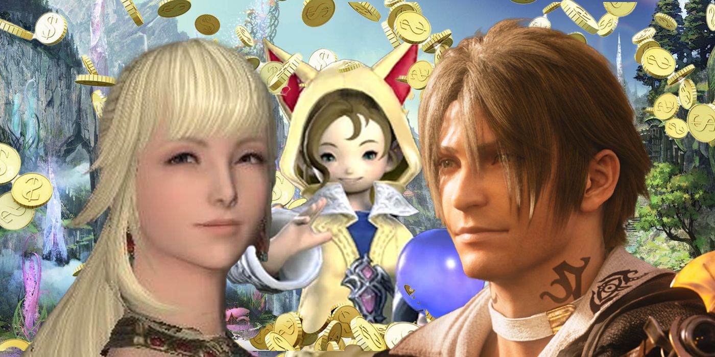 The Adventurer and Lyse Hext and Krile Mayer Baldesion from FFXIV with coins coming down from the sky and everyone looking happy. 