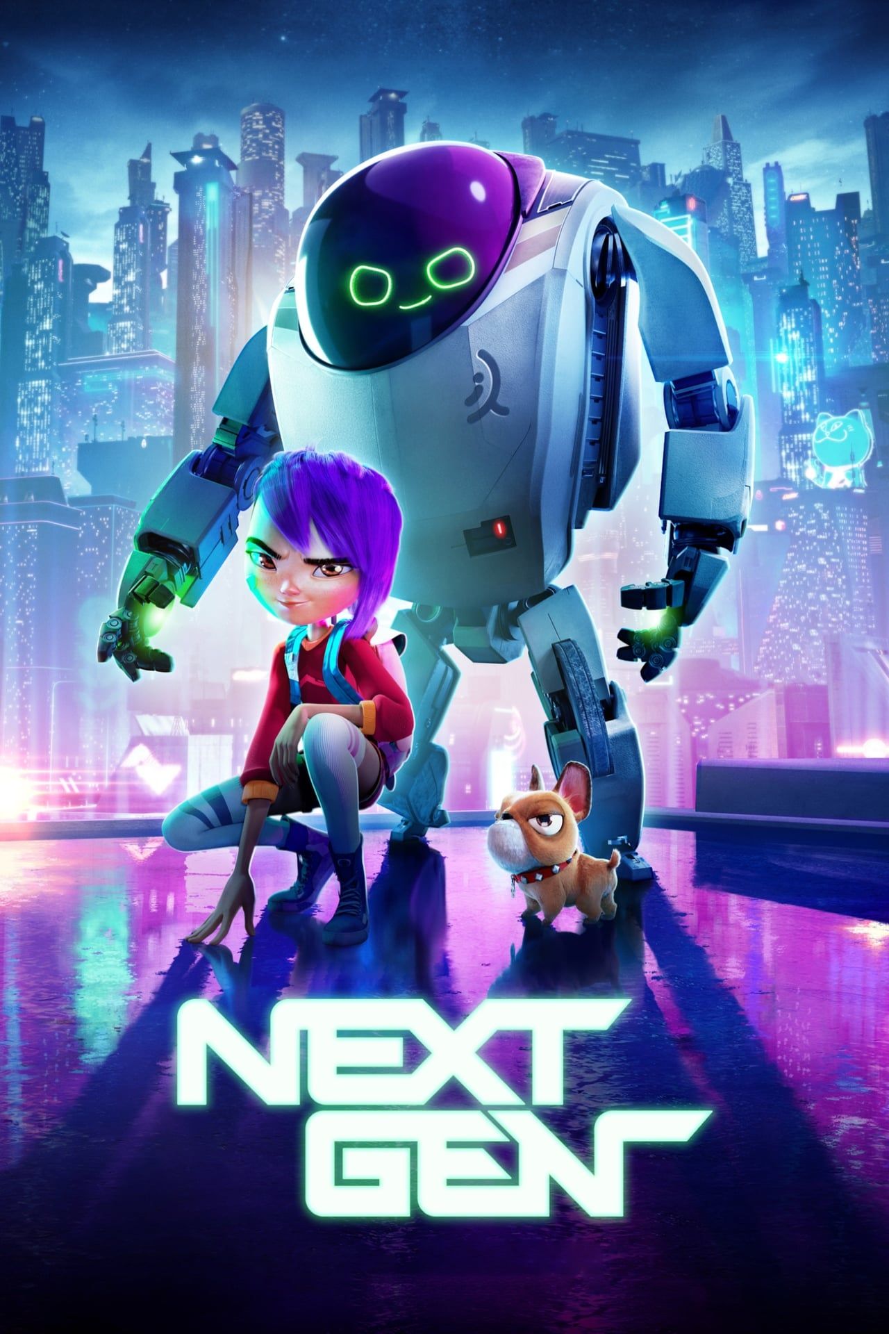 Next Gen Movie Poster Showing a Girl with Purple Hair Standing by a Robot and a Dog