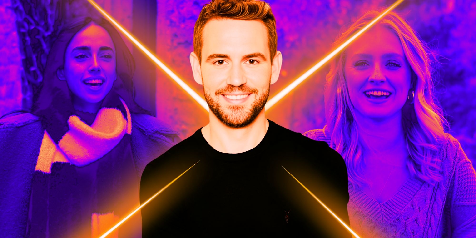 Nick Viall smiling, flanked by The Bachelor's Maria Georgas and Daisy Kent, with purple background