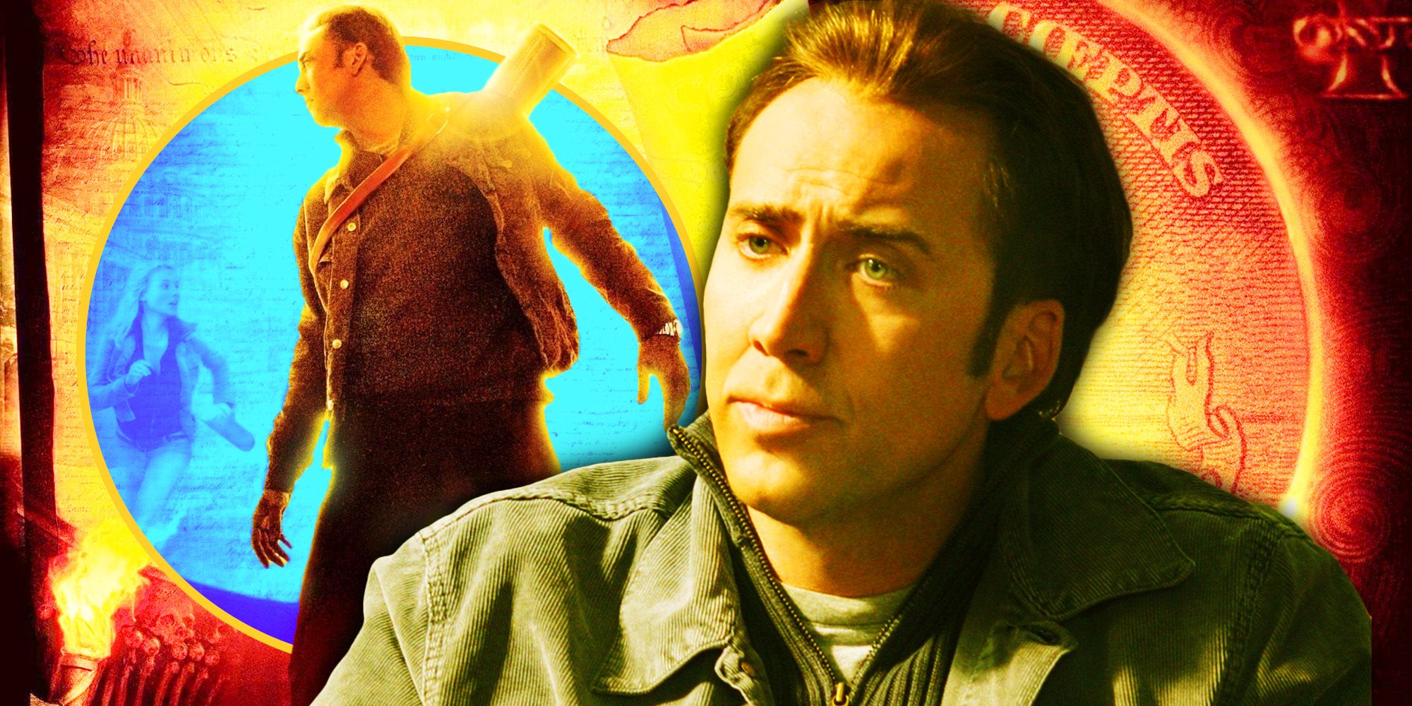 A composite of a close up of Nicolas Cage as Ben in National Treasure and a full body action shot of himself framed in a blue circle with National Treasure poster in the background 