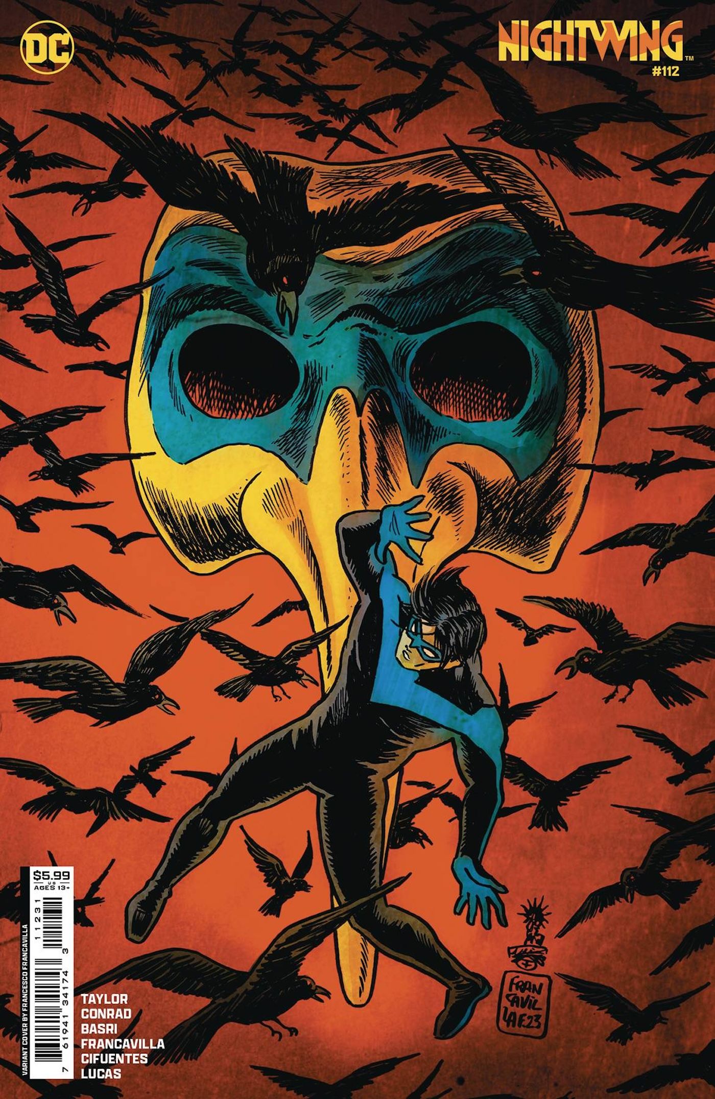 Capa da variante Nightwing 112 Francavilla: Nightwing caindo na frente de uma máscara e um bando de pássaros pretos.