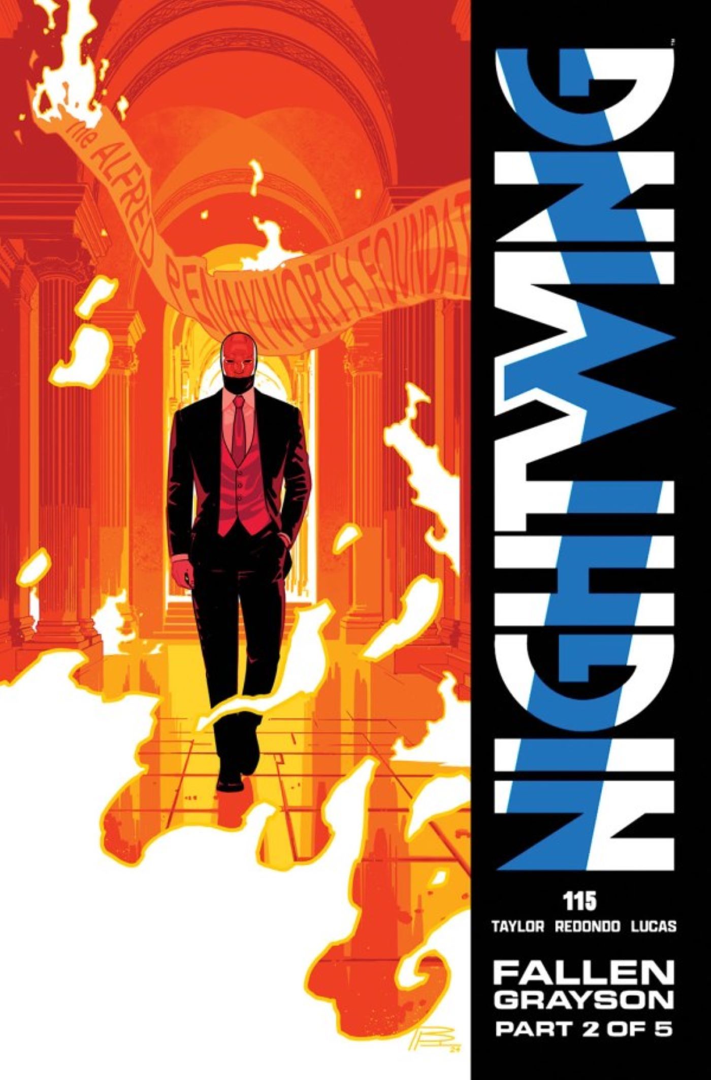 Capa principal de Nightwing 115: Heartless caminhando em direção a um prédio em chamas.