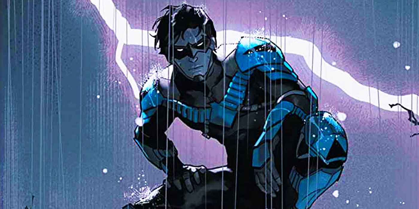 Nightwing in the rain in DC Comics