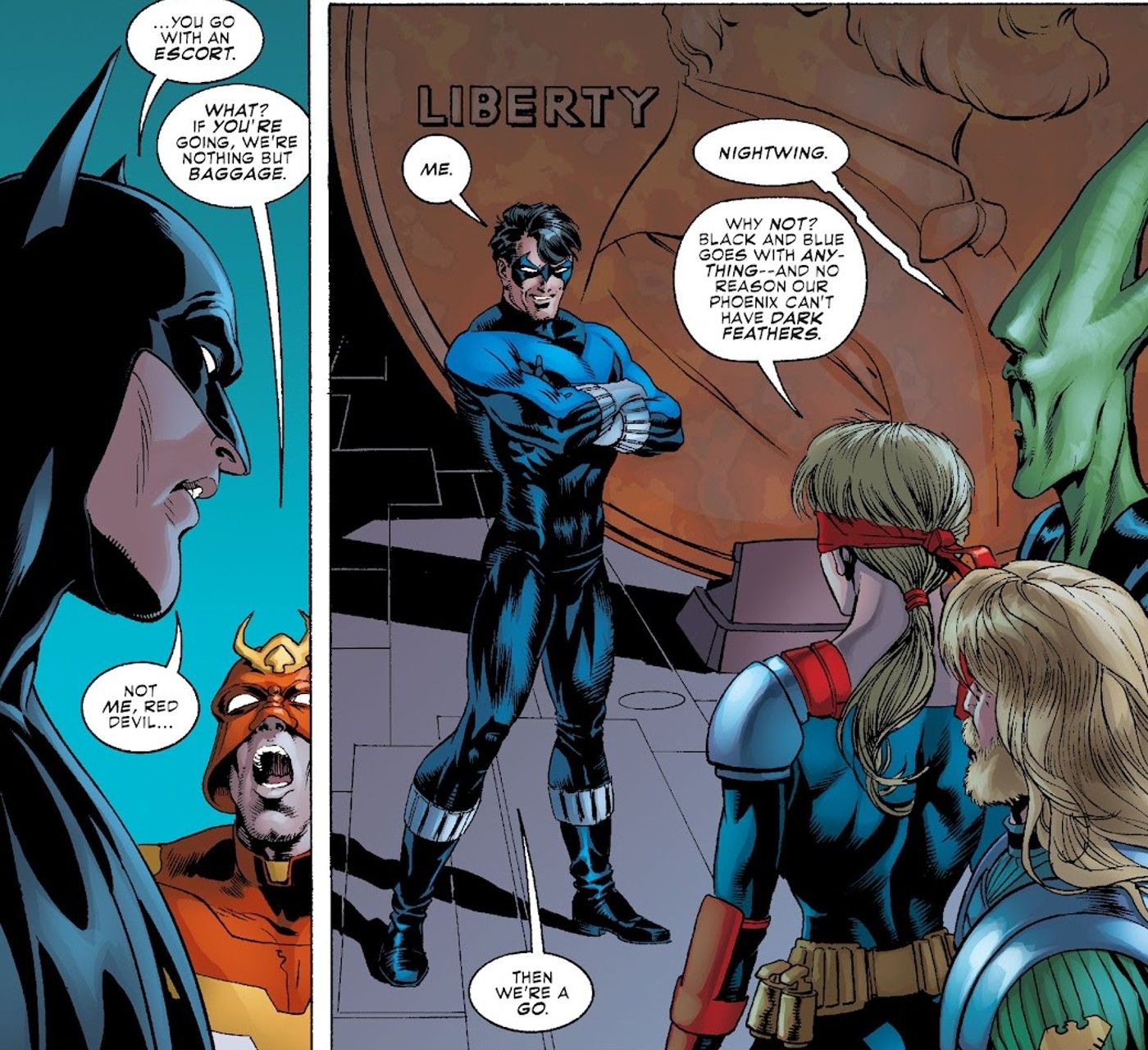 Comic book panels: Batman assigns Nightwing as the leader of the Phoenix Group.