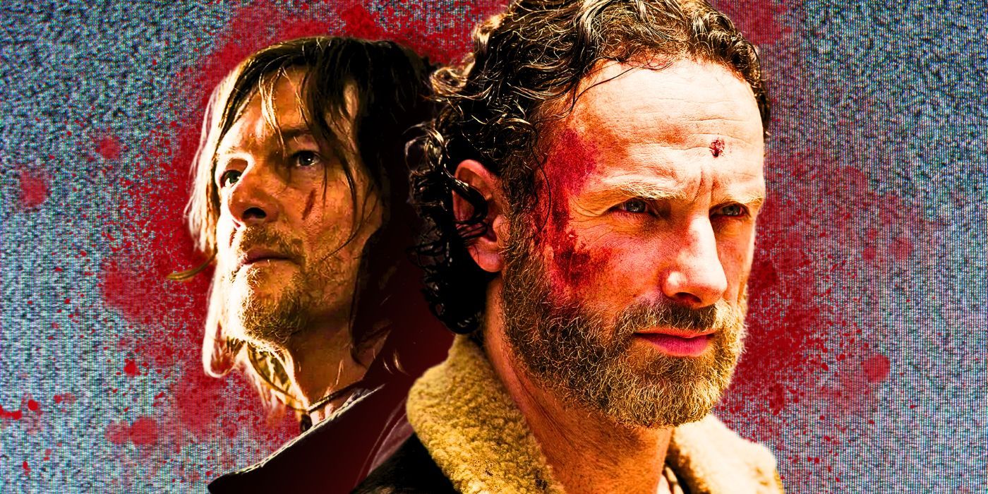 Norman Reedus as Daryl Dixon and Andrew Lincoln as Rick Grimes in The Walking Dead with a bloody background