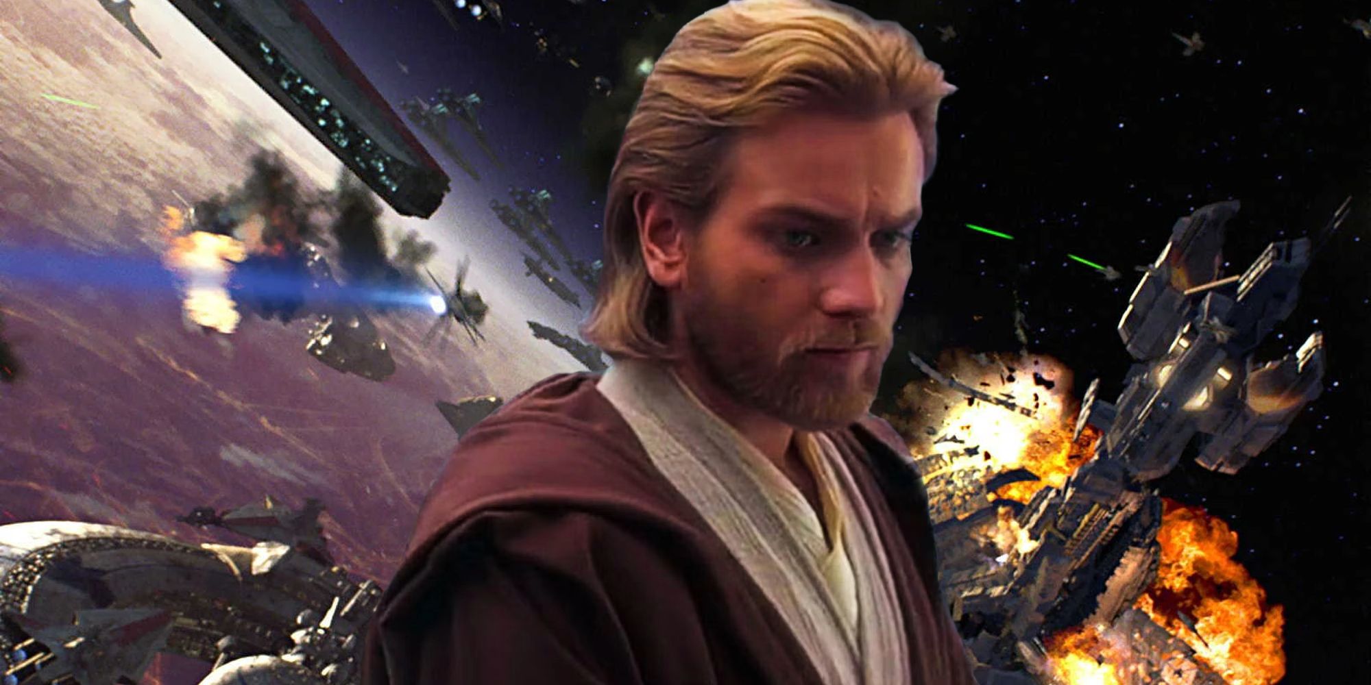 Obi-Wan Kenobi with the Battle of Coruscant behind him