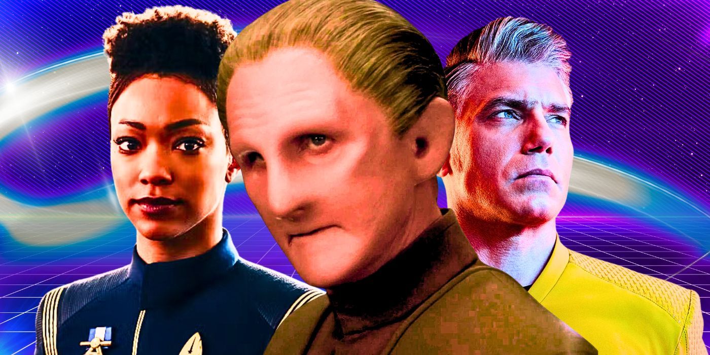 Star Trek's Sonequa Martin-Green as Michael Burnham, Rene Auberjonois as Odo. and Anson Mount as Captain Pike looking heroic.