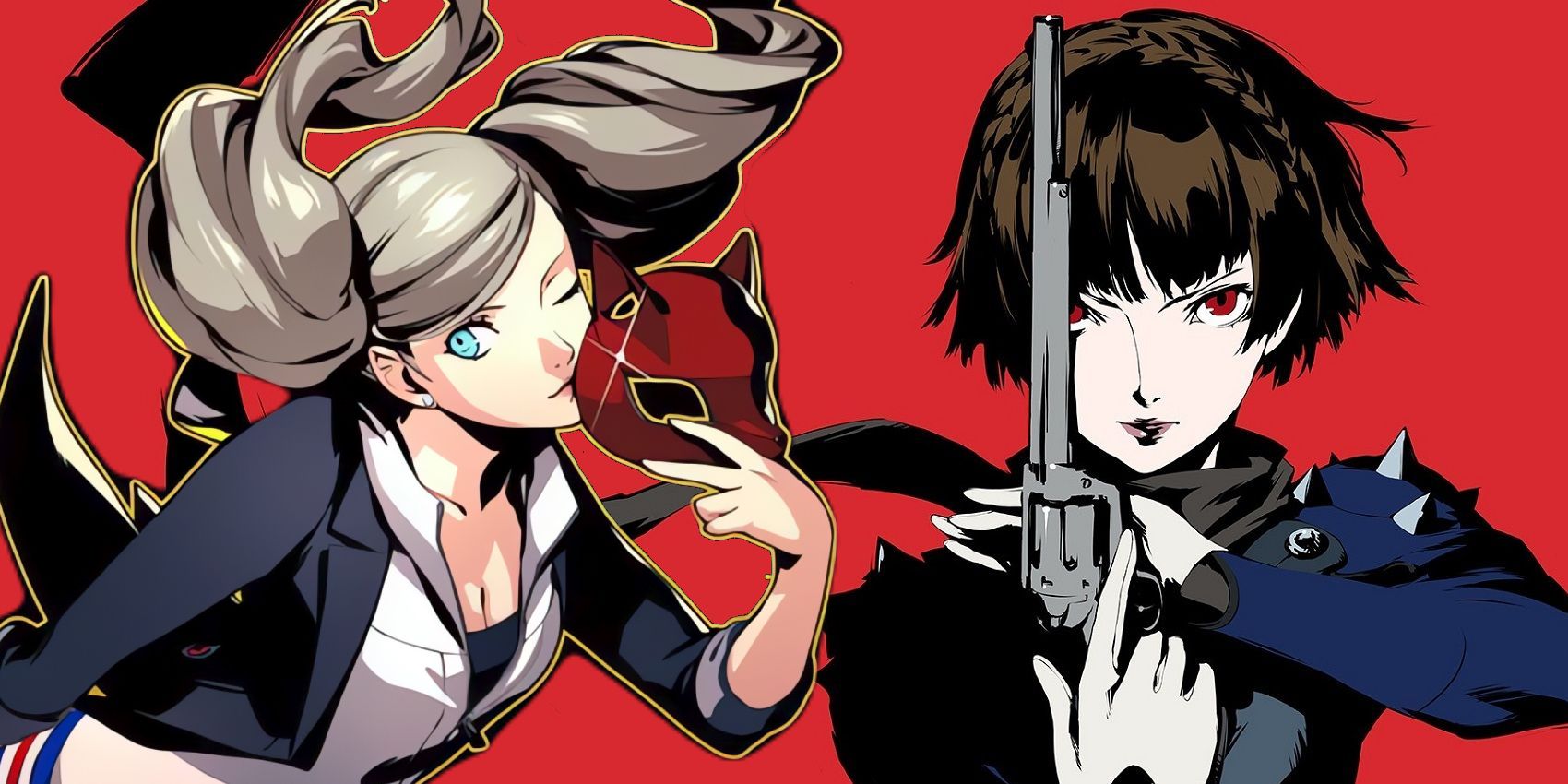 Official art of Ann Takamaki with her Panther mask and Makoto Nijima from Persona 5 against a red background.