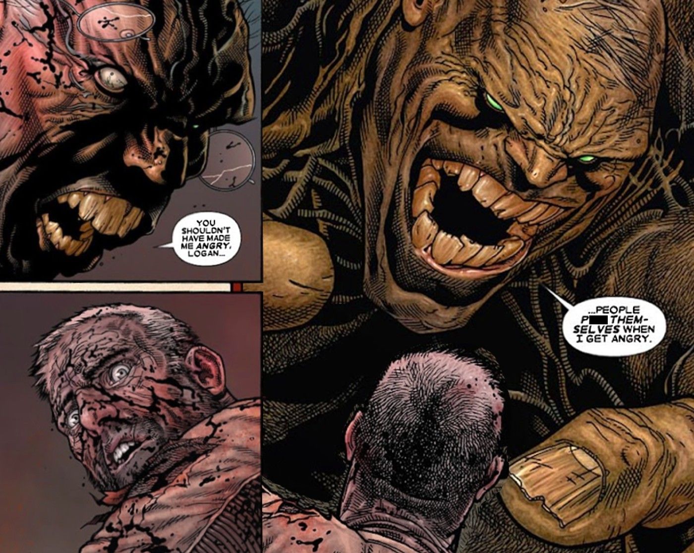 página de quadrinhos do velho logan - luta de wolverine e bruce banner, com banner se transformando em uma forma gigantesca de hulk - ele diz a wolverine que não deveria tê-lo deixado com raiva, já que as pessoas se irritam quando ele fica com raiva 2