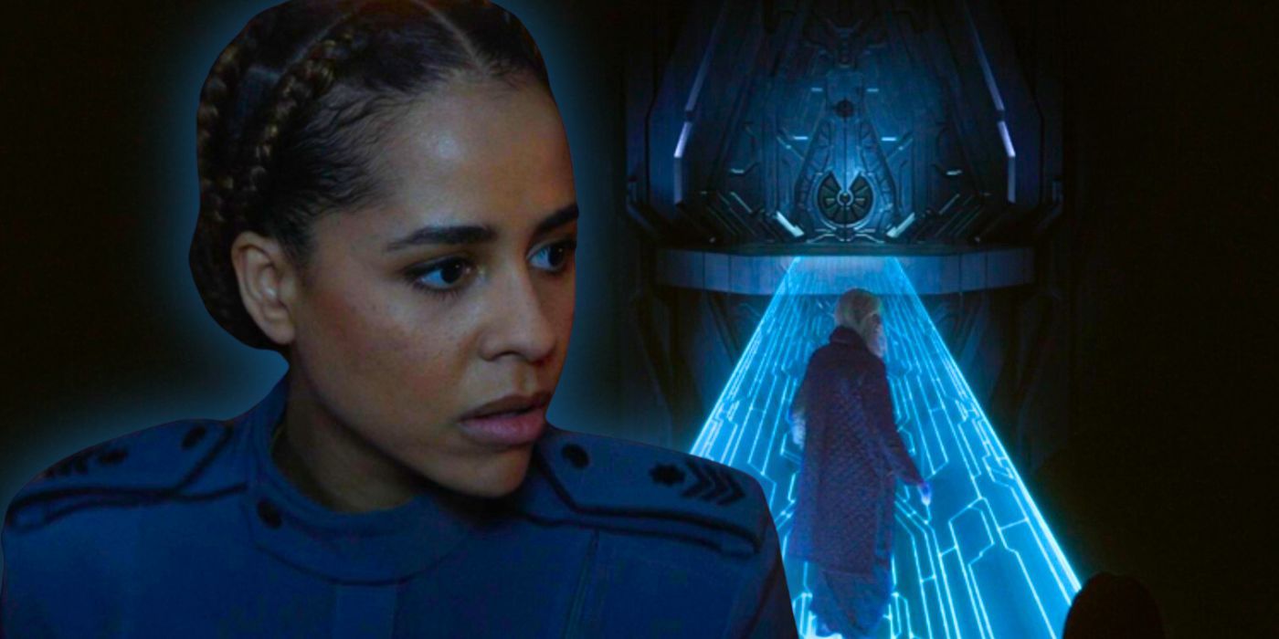Olive Gray as Miranda Keyes looking surprised in Halo season 2 with Dr. Halsey (Natascha McElhone) on a Forerunner bridge behind her